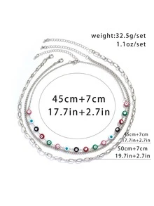 3pcs/set Multicolor Eye Beaded Necklace Goth Style Men's Chain Necklace Set - Silver - View 5