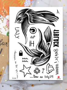 1 Pegatina Temporal De Tatuaje De Moda Con Estampado Geométrico De Pájaro De Múltiples Elementos Para Brazo, Pecho Y Hombro - Negro - Ver 2