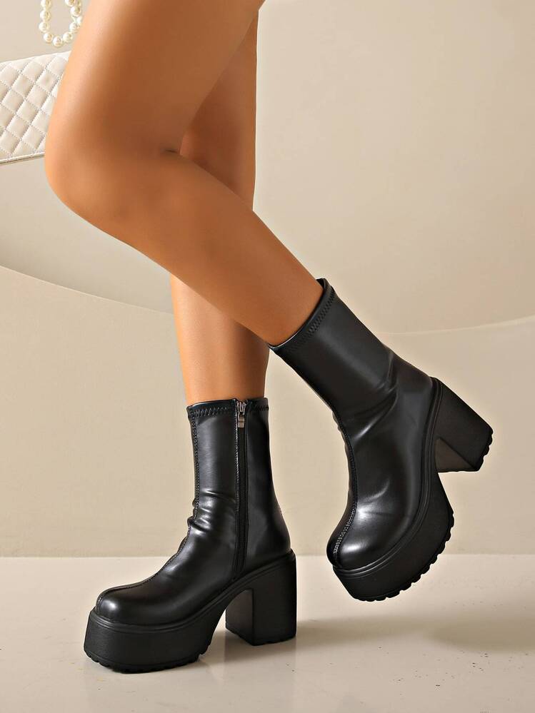 Women's Simple Chunky Heel Fashionable Boots, Corset,Elegant Outdoor Classic Boots Dress - Black - View 2