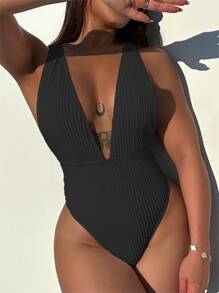 Ribbed Knit Plunging Neck Backless Sports One Piece Swimsuit Summer