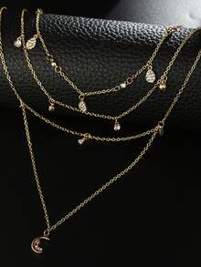 1條精緻的多層項鍊,配有月亮和心形吊墜 - 金黃色 - 查看 2