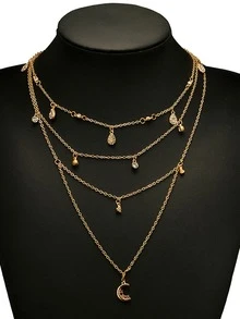 1條精緻的多層項鍊,配有月亮和心形吊墜 - 金黃色 - 查看 3