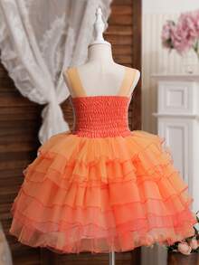 Tween Girls' Orange Puffy Skirt Party Dress With Layered Hem For Birthday, Performance - Orange - View 2