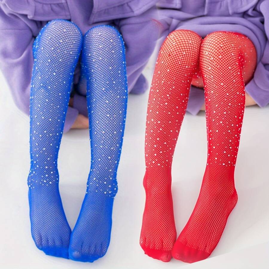 2pairs/set Rhinetone Fishnet Stockings Children Tights With Bling Rhinestone, Penthose, Girls And Big Kids - Multicolor - View 1