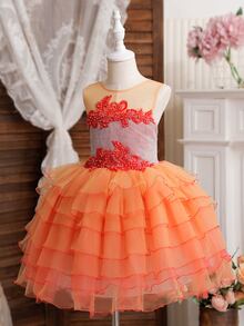 Tween Girls' Orange Puffy Skirt Party Dress With Layered Hem For Birthday, Performance - Orange - View 3