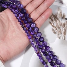 天然石頭紫色冰裂紋火葭石珠子圓形鬆散間隔珠,diy手鍊裝飾用6/8/10mm - 紫色 - 查看 3