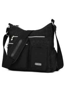 大容量素色尼龍多拉鍊口袋休閒輕便每天女士肩膀斜挎包休閒旅行和辦公室,時尚多口袋錢包左右拉鍊短皮夾,人造皮革零錢包帶卡卡槽女士簡約風信用卡支架 - 黑色 - 查看 3