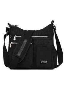 大容量素色尼龍多拉鍊口袋休閒輕便每天女士肩膀斜挎包休閒旅行和辦公室,時尚多口袋錢包左右拉鍊短皮夾,人造皮革零錢包帶卡卡槽女士簡約風信用卡支架 - 黑色 - 查看 1