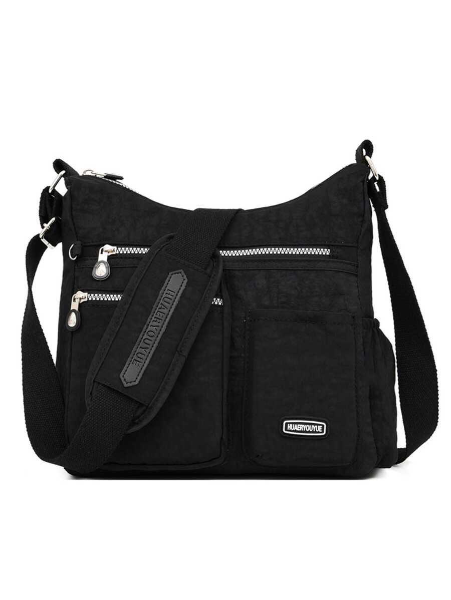 大容量素色尼龍多拉鍊口袋休閒輕便每天女士肩膀斜挎包休閒旅行和辦公室,時尚多口袋錢包左右拉鍊短皮夾,人造皮革零錢包帶卡卡槽女士簡約風信用卡支架 - 黑色 - 查看 1