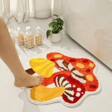 毛绒可爱蘑菇女孩浴室垫，防滑柔软橙色不对称形状吸水厕所地垫，入口垫 - 橘色 - 查看 3