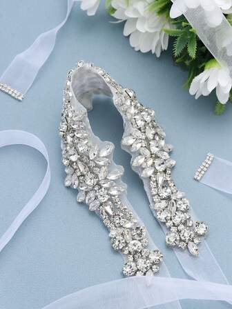 1件女士银合金水钻花卉新娘腰带，配缎带，完美适用于婚礼仪式，尽显皇家风范。情人节配饰