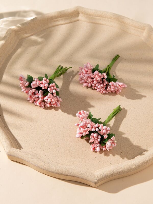 3/6 Bunches Pink Flower Bud Faux Pearl Foam Fruit Small Bouquet, Gift Box Accessories With Flower Leaves Heart, DIY Wreath Materials, Vase Desk Decor Accessories Gifts Birthday Graduation