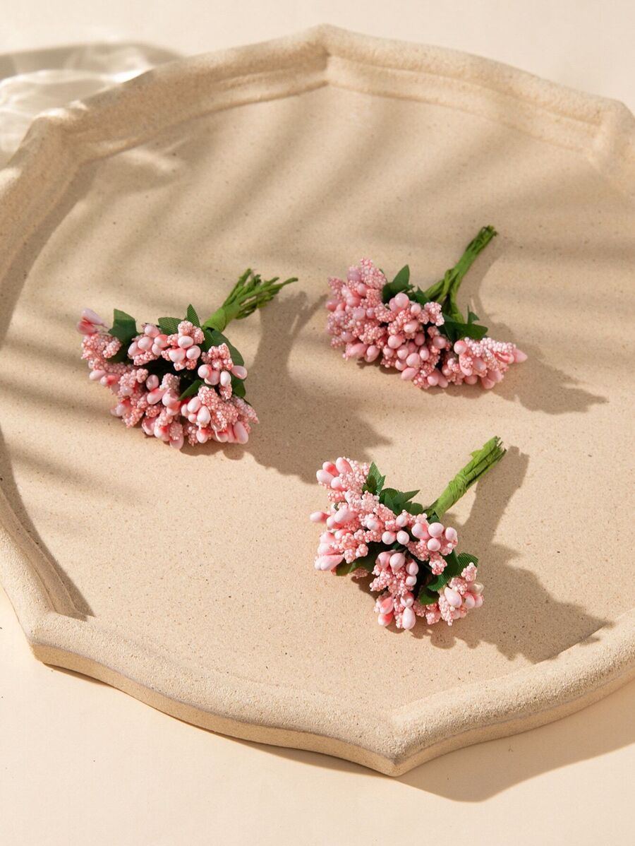 3/6 Bunches Pink Flower Bud Faux Pearl Foam Fruit Small Bouquet, Gift Box Accessories With Flower Leaves Heart, DIY Wreath Materials, Vase Desk Decor Accessories Gifts Birthday Graduation