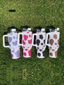 1入組車杯子牛奶圖案手工製作水鑽裝飾手柄絕緣杯子,便攜旅行馬克 - 黑色 - 查看 2