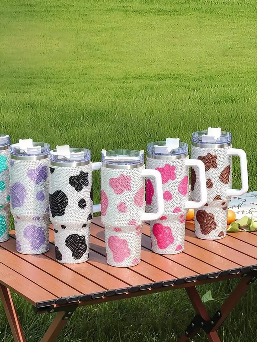 1入組車杯子牛奶圖案手工製作水鑽裝飾手柄絕緣杯子,便攜旅行馬克 - 黑色 - 查看 1