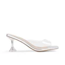 Women's Clear Heels Square Toe High Stiletto Mules Slip On Wedding Dress Heel Sandals