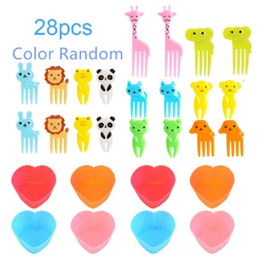 28 pièces Cure mini-fourchettes à pics d'aliments de dessin animaux, sélection de collations pour enfants, gâteaux, desserts, fourchettes à fruits, moules à muffins en silicone en forme de cœur