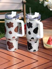 1入組車杯子牛奶圖案手工製作水鑽裝飾手柄絕緣杯子,便攜旅行馬克 - 黑色 - 查看 4