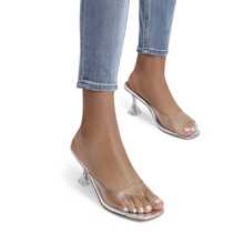 Women's Clear Heels Square Toe High Stiletto Mules Slip On Wedding Dress Heel Sandals