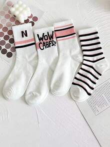 7對女生ins風格粉色時尚通用字母細節長筒襪,學生必備,透氣中筒襪適用於所有季節 - 彩色 - 查看 3