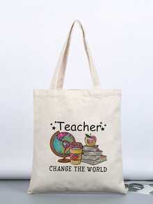1pc Teacher's Day Earth Globe Apple Book Pattern Tote Bag/canvas Material/can Be Used As Shoulder Bag Or Handbag/big Capacity/lightweight/stylish/gift For Festival/travel/commute/workout/sports/beach - Beige - View 1