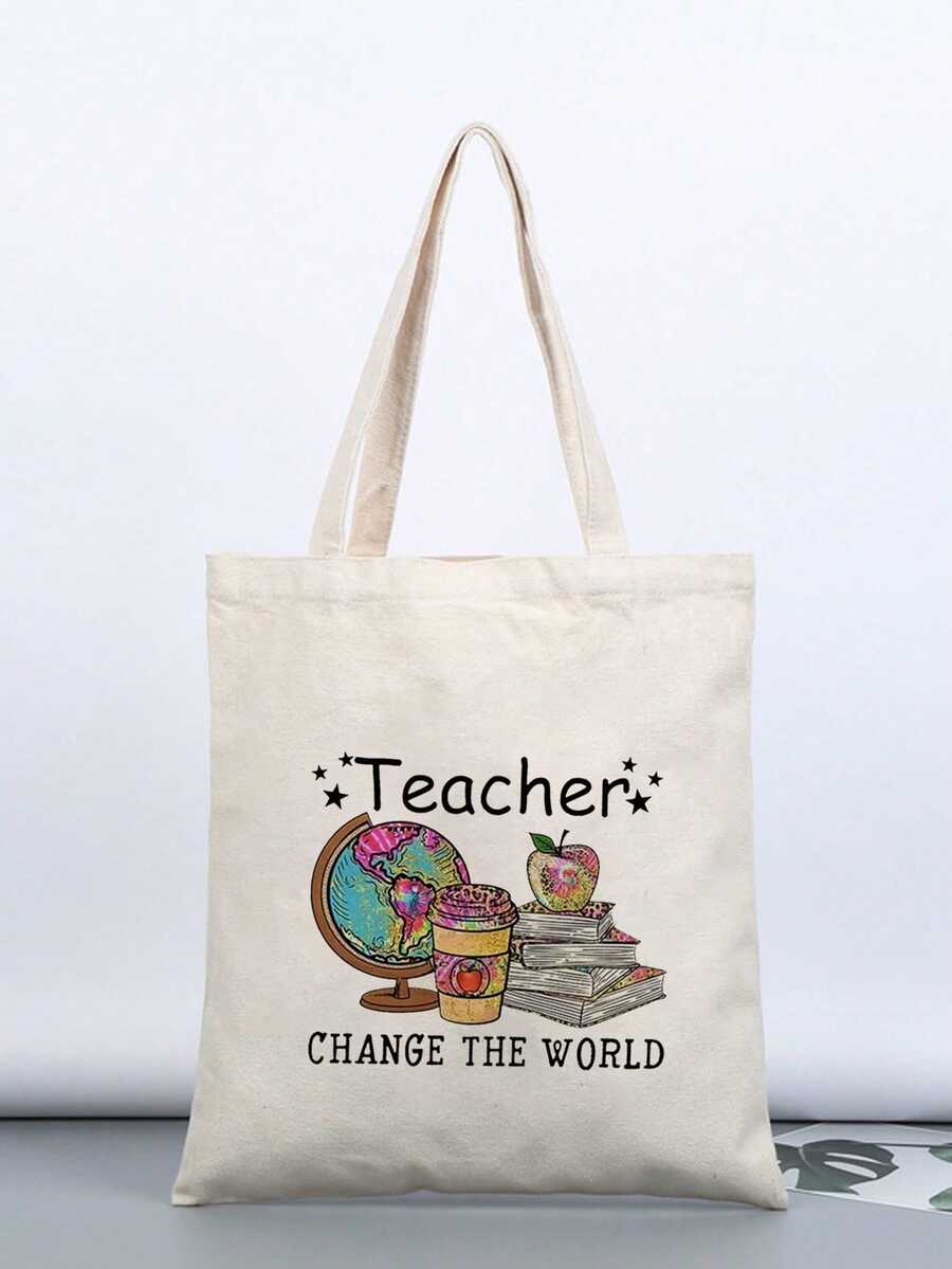 1pc Teacher's Day Earth Globe Apple Book Pattern Tote Bag/canvas Material/can Be Used As Shoulder Bag Or Handbag/big Capacity/lightweight/stylish/gift For Festival/travel/commute/workout/sports/beach - Beige - View 1