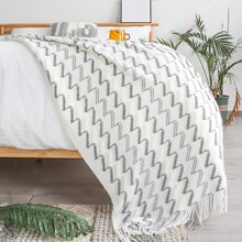 1pc Knitted Wave Stripe Blanket, Nordic Style Acrylic Hollow Out Rectangular Fringed Throw For Nap, Office, Sofa, Bed