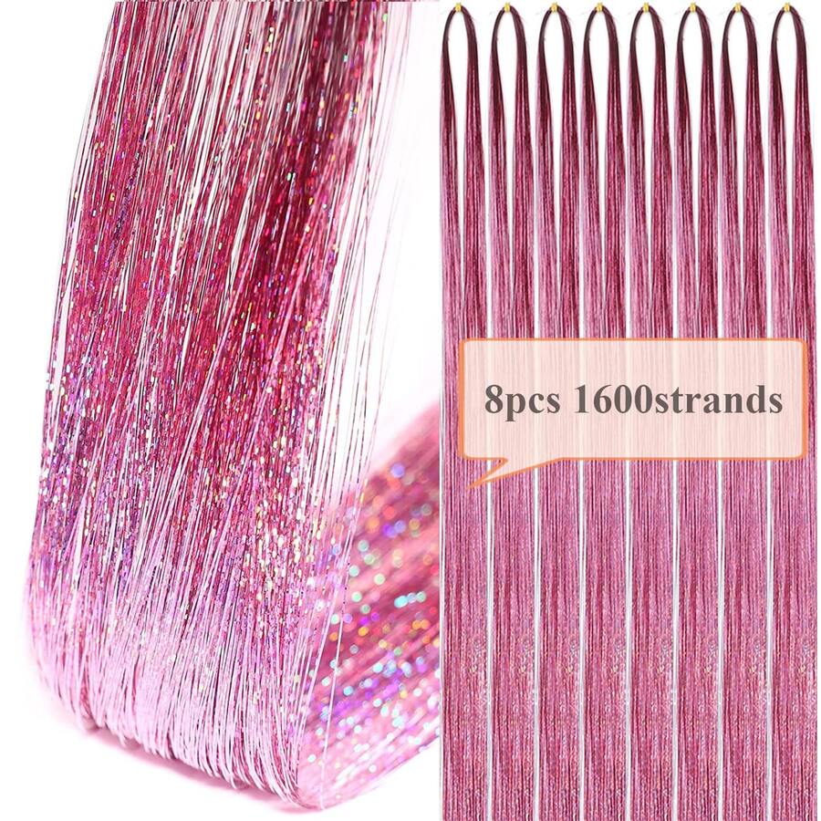 Tóc nối kim tuyến 48 inch 1600 sợi 8 màu hỗn hợp Tóc nối kim tuyến Tóc nối kim tuyến cho phụ nữ Phụ kiện tóc cho Giáng sinh Năm mới Halloween Tiệc hóa trang Lễ hội âm nhạc - Màu Hồng  San hô - Xem 1