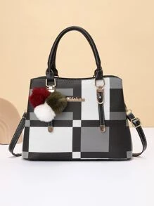 La bolsa de asas de moda de las señoras decoradas a cuadros - Gris - Ver 1