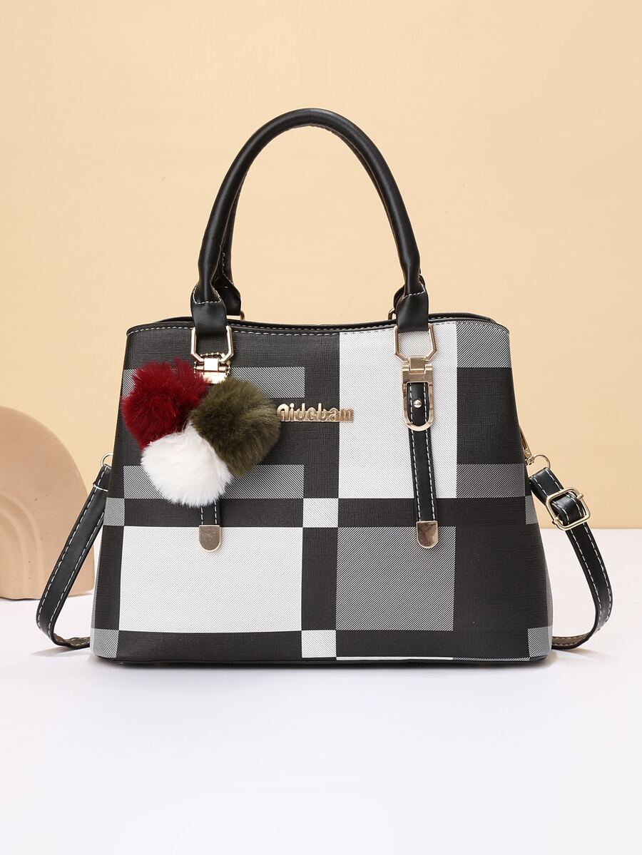 La bolsa de asas de moda de las señoras decoradas a cuadros - Gris - Ver 1