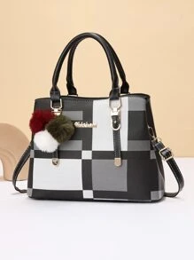 La bolsa de asas de moda de las señoras decoradas a cuadros - Gris - Ver 2