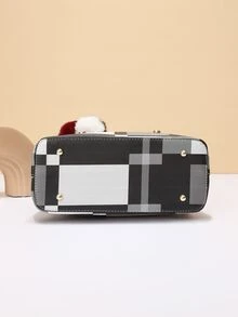 La bolsa de asas de moda de las señoras decoradas a cuadros - Gris - Ver 7