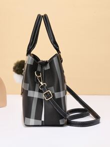 La bolsa de asas de moda de las señoras decoradas a cuadros - Gris - Ver 6