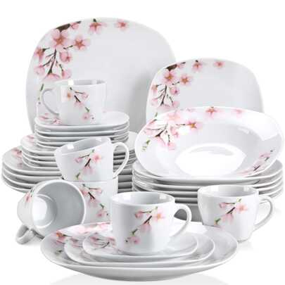 VEWEET 30-Piece Porcelain Dinnerware Set With Pink Floral Pattern, White Plates And Bowls Sets Including Dinner Plates, Dessert Plates, Soup Plates Set, Cups & Saucers, Dishes Set For 6