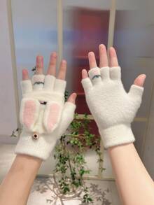 1 Par De Guantes Sin Dedos De Escritura Con Orejas De Conejo De Caricatura Para Mujer Para Mantener El Calor - Beis - Ver 2