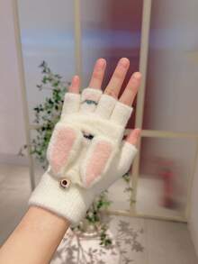 1 Par De Guantes Sin Dedos De Escritura Con Orejas De Conejo De Caricatura Para Mujer Para Mantener El Calor - Beis - Ver 3