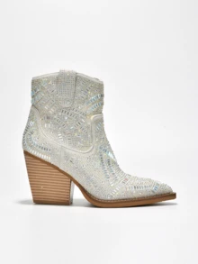 Women's  Rhinestone Suede Block Heel Booties - Single Pointy Toe Suede Western High Heel - Bạc - Xem 3