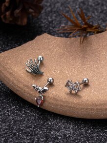 1個時尚個性化復古不鏽鋼顆粒鑲嵌蝙蝠和頭骨耳鬢穿刺耳釘 - 銀色 - 查看 1