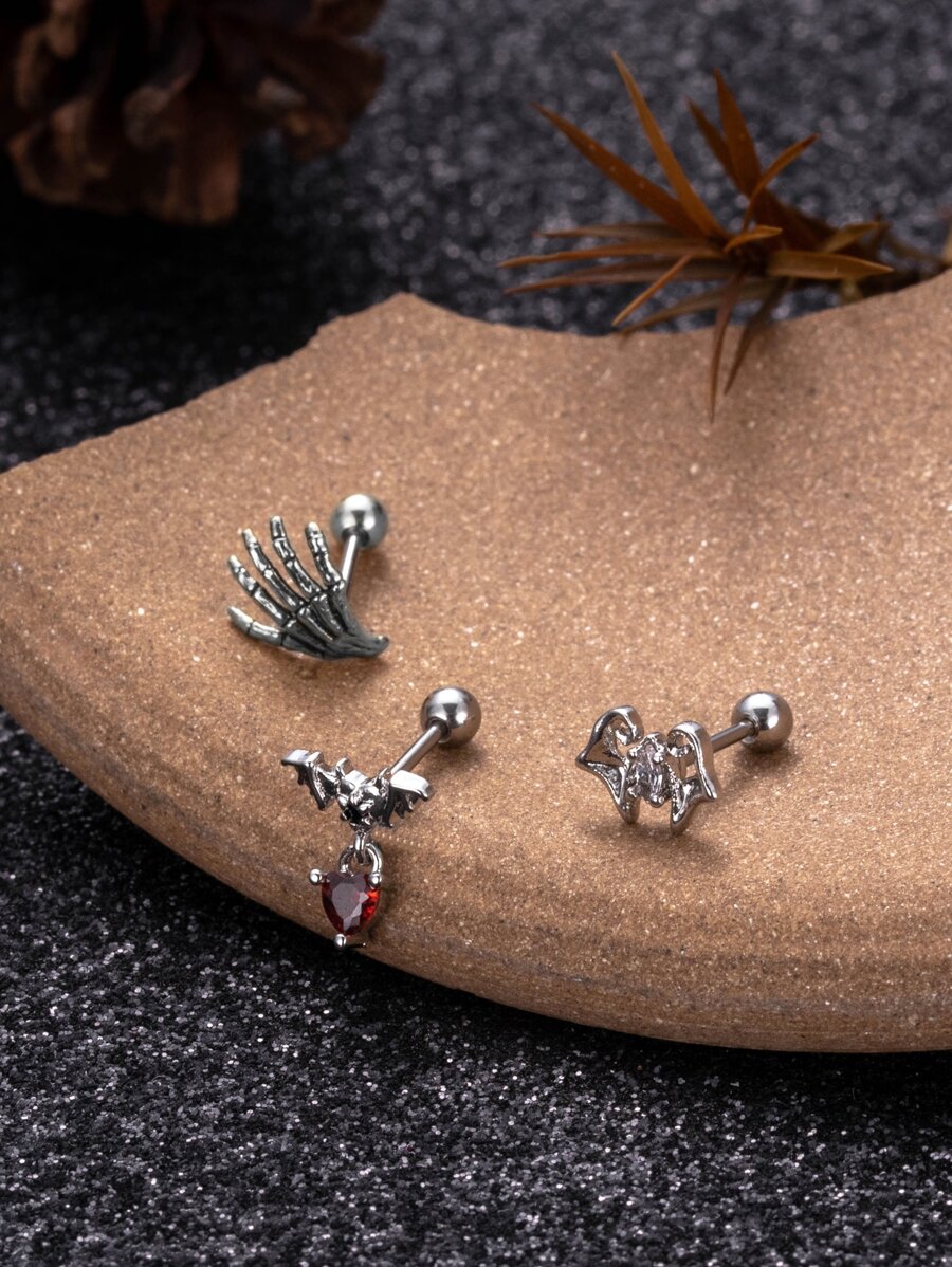 1個時尚個性化復古不鏽鋼顆粒鑲嵌蝙蝠和頭骨耳鬢穿刺耳釘 - 銀色 - 查看 1