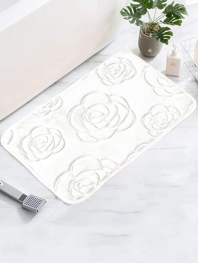 1pc Rose Floral Embossed Flannel Bath Mat, Suitable For Daily Life Use, Valentine's Day Decor Home Bathroom Decor Bath Rug Floor Carpet Outdoor Rug Door Mat Fall Decor Bathroom Accessories Back To School Entryway Decor