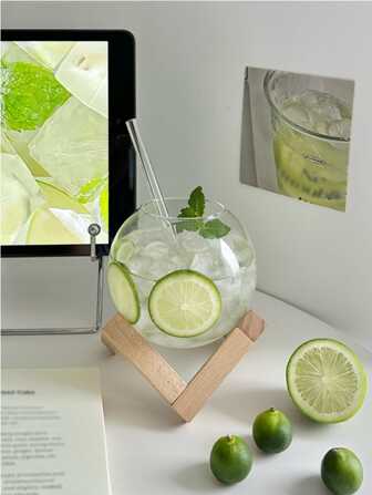 1 Juego/3 Uds. Taza Artística Simple En Forma De Bola Transparente Con Pajita Y Soporte De Madera, Taza Para Beber/agua/jugo De Gran Capacidad Para Uso Diario