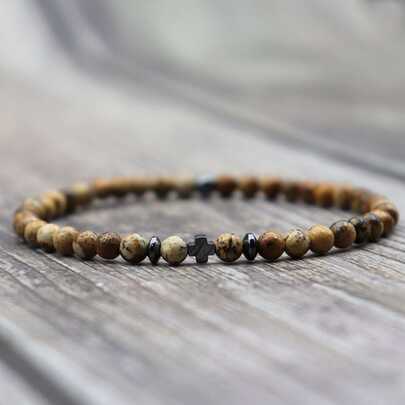 diffone 4mm Natural Stone Bracelet, Men's Hematite Cross Bracelet, Millet Bead Boyfriend Gift, Yoga Accessory