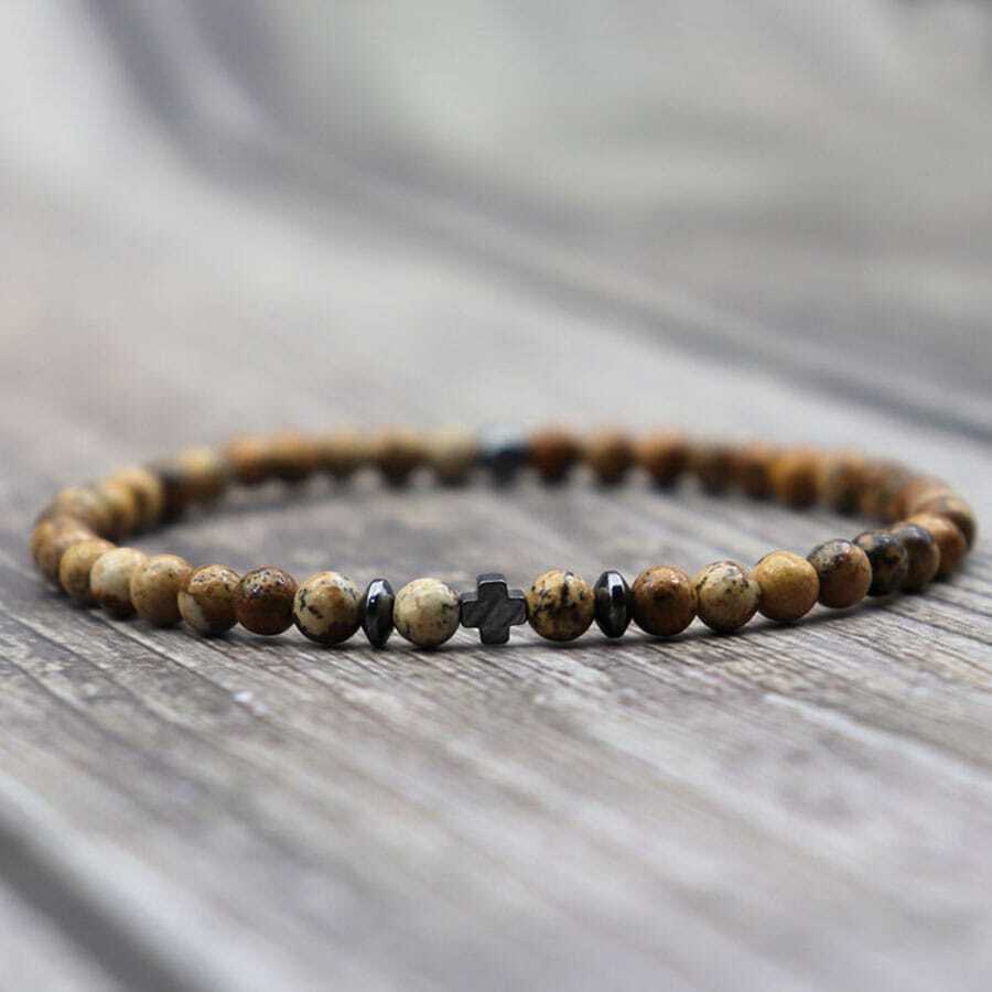diffone Vòng tay đá tự nhiên 4mm, vòng tay thánh giá đá hematit dành cho nam, quà tặng bạn trai bằng hạt kê, phụ kiện yoga. - Màu Khaki - Xem 1
