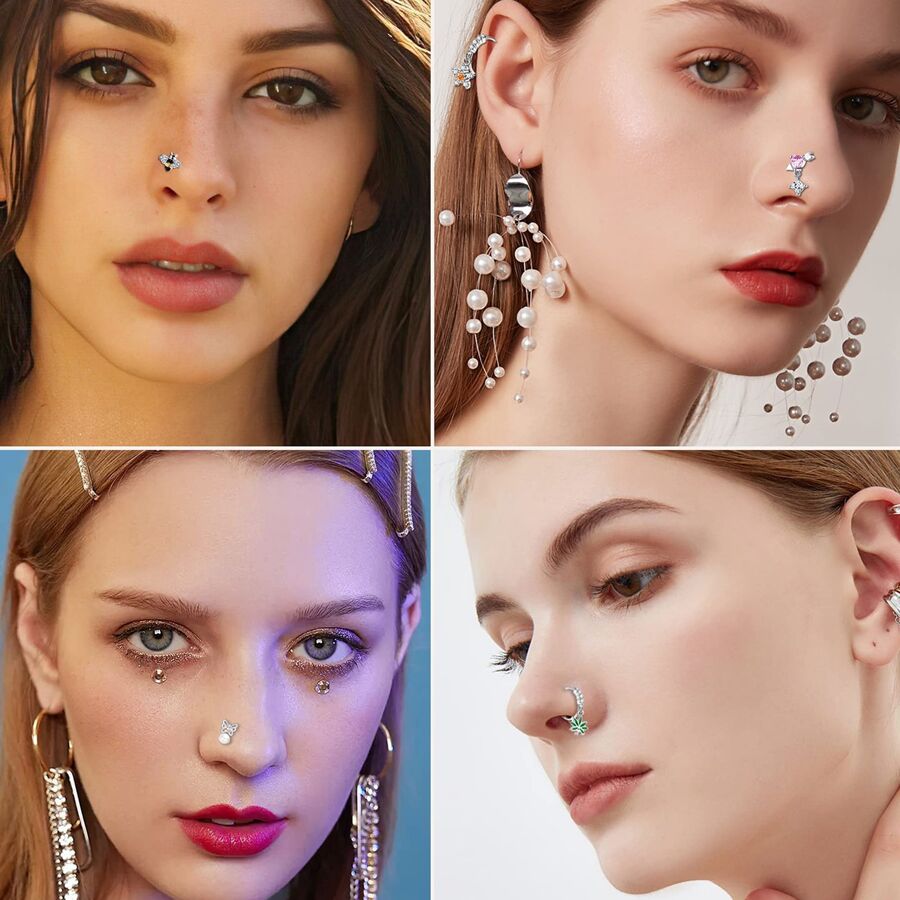 9pcs/Set Stainless Steel CZ Decorated Nose Rings, Including CZ Flower