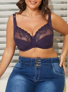 Sexy Ultra-Thin Solid Color Plus Size Bra With Hollow Out Lace, E Cup Women's Underwear - Purple - View 7