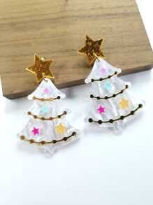 Acrylic Christmas Tree & Star Pendant Earrings With Shiny Mirror Surface Decoration - White - View 2