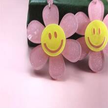 1pair American Acetic Acid Hot Pink Floral Designed Emoji Earrings For Women Christmas Party - Pink - View 5