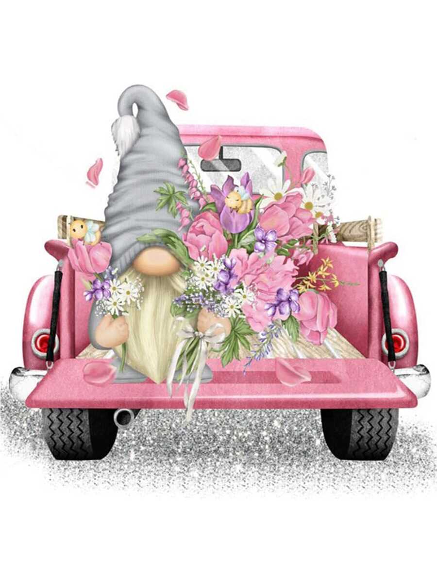 Diy 5d鑽石繪畫套件,開心的小矮人坐在粉色汽車上的藝術手工畫布與水晶鑲嵌刺繡繪畫,適用於家居牆壁裝飾 - 彩色 - 查看 1