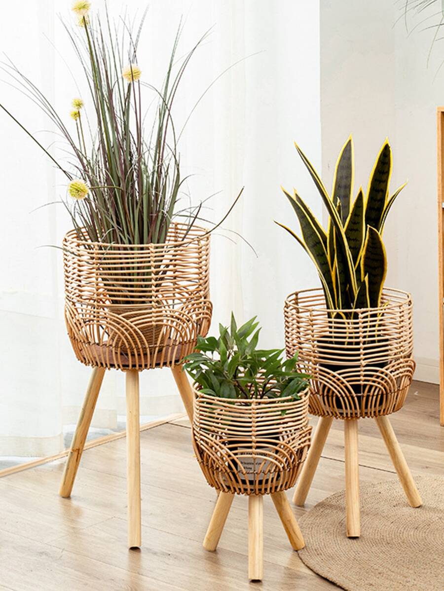 1Pc Handmade Braid Artificial Rattan Plastic Flower Pot with Stand Plant Storage Stand DIY Nursery Pots Home Decor - Apricot - View 1