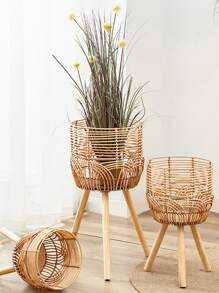 1Pc Handmade Braid Artificial Rattan Plastic Flower Pot with Stand Plant Storage Stand DIY Nursery Pots Home Decor - Apricot - View 3